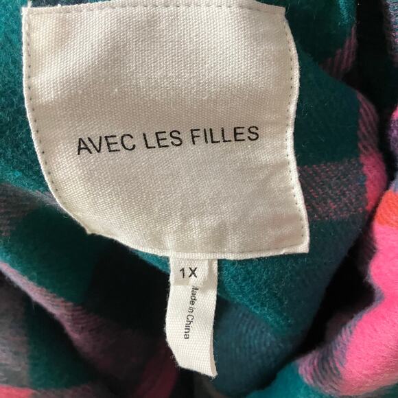 Avec Les Filles Womens 1X Plaid Shacket Green Pink Bright Fall Cozy Soft - Picture 12 of 16